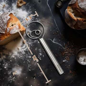 Jillmo Danish Dough Whisk, 12inch Stainless Steel Bread Whisk