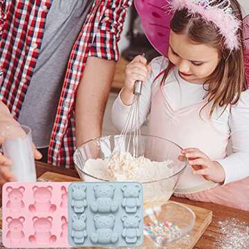 Teddy Bear Silicone Molds Jello Molds for Kids Cute Cartoon Animal Chocolate Cake Baking Mold for Handmade DIY Soap, Soft Candy, Ice Cube Making Tools (2 pcs),Blue,Pink,A1213