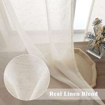 OWENIE Natural Linen Blend Sheer Curtains, Light Filtering Tiers, 2 Panels Set for Kitchen