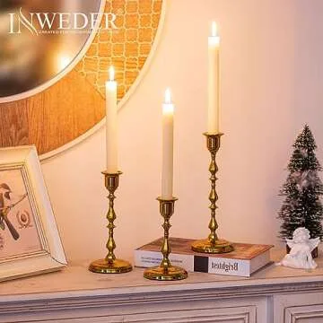 Inweder Brass Candlestick Holders, No Installation Required Candle Sticks Long Holder, Vintage Taper Candle Holders for Wedding, Candlelight Dinners, Chrismas, Gold Candle Holders(3PCS)