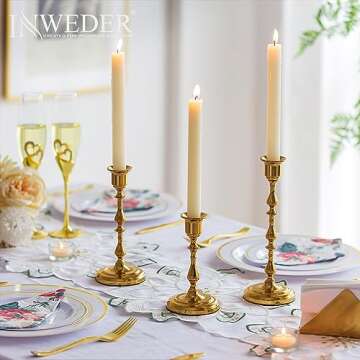 Inweder Brass Candlestick Holders, No Installation Required Candle Sticks Long Holder, Vintage Taper Candle Holders for Wedding, Candlelight Dinners, Chrismas, Gold Candle Holders(3PCS)
