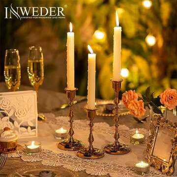 Inweder Brass Candlestick Holders, No Installation Required Candle Sticks Long Holder, Vintage Taper Candle Holders for Wedding, Candlelight Dinners, Chrismas, Gold Candle Holders(3PCS)