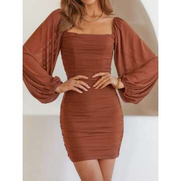 MASCOMODA Fashion Square Neck Mesh Long Sleeve Mini Bodycon Dresses for Women 2024 Party Sexy Ruched Short Cocktail Dress(Small,Caramel)