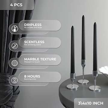 CANDWAX 10 inch Taper Candles Set of 4 - Tall Unscented Black Tapered Candle Sticks - Perfect for Household or Dinner