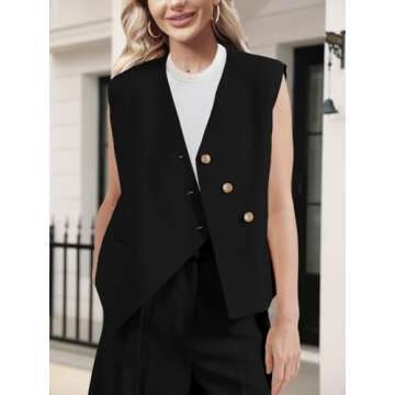Tankaneo Women's Sleeveless Blazer Vests V Neck Button Down Asymmetrical Hem Waistcoats