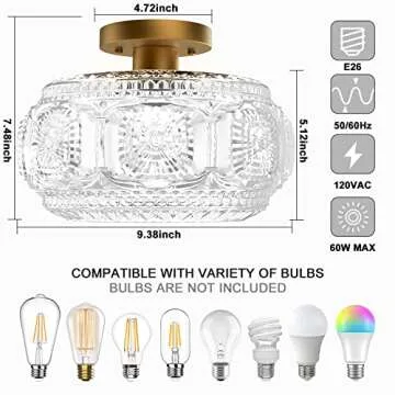 OYKYOHEI Semi Flush Mount Ceiling Light, Globe Glass Ceiling Light Fixture, Gold Modern Lighting for Hallway Porch Corridor Kitchen Bedroom, Bulb Not Included