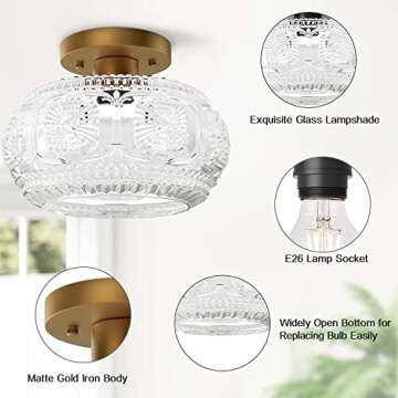 OYKYOHEI Semi Flush Mount Ceiling Light, Globe Glass Ceiling Light Fixture, Gold Modern Lighting for Hallway Porch Corridor Kitchen Bedroom, Bulb Not Included