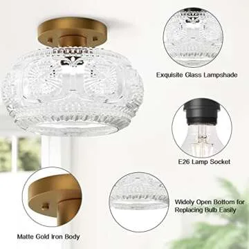 OYKYOHEI Semi Flush Mount Ceiling Light, Globe Glass Ceiling Light Fixture, Gold Modern Lighting for Hallway Porch Corridor Kitchen Bedroom, Bulb Not Included