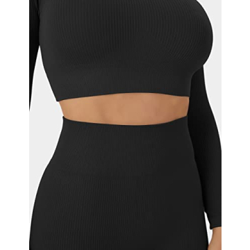 Buttergene Women Workout Sets 2 Pieces Long Sleeve Yoga Outfits Gym Clothes Seamless Ribbed Crop Top High Waist Leggings