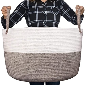 Luxury Little XXXL Nursery Storage Basket, 22 x 22 x 14 inches - 100% Cotton Rope Basket with Handle...