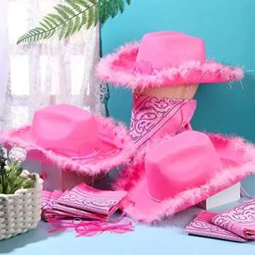24 Pack Cowgirl Hats with Paisley Bandana and Heart Glasses Set, Fluffy Feather Boa Cowgirl Cowboy H...