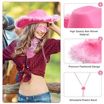 24 Pack Cowgirl Hats with Paisley Bandana and Heart Glasses Set, Fluffy Feather Boa Cowgirl Cowboy Hats for Party(Pink,Stylish Style)