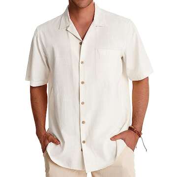 Alimens & Gentle Mens Linen Shirts Short Sleeve Button Down Shirts Cotton Summer Beach Cuban Shirts Vacation Hawaiian Shirts