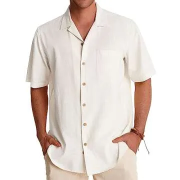 Alimens & Gentle Mens Linen Shirts Short Sleeve Button Down Shirts Cotton Summer Beach Cuban Shirts Vacation Hawaiian Shirts