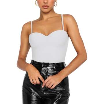 REORIA Womens 2024 Summer Sexy V Neck Double Lined Sleeveless Trendy Going Out Slimming Cami Body Suit Top for Teen Girls White Small