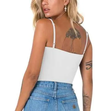 REORIA Womens 2024 Summer Sexy V Neck Double Lined Sleeveless Trendy Going Out Slimming Cami Body Suit Top for Teen Girls White Small