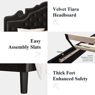 Elegant Allewie King Bed Frame with Velvet Headboard