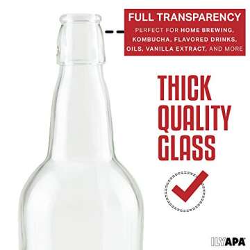Ilyapa 16 Ounce Clear Swing Top Glass Beer Bottles for Home Brewing - Carbonated Drinks, Kombucha, Kefir, Soda, Juice, Fermentation, 12 Pack Glass Bottle with Airtight Rubber Seal Flip Caps