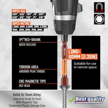 Amartisan 20-Piece Hex Head Allen Wrench Drill Bit Set, Metric and SAE S2 Steel Hex Bits Set, Magnetic Tips, 2.3" Long With Storage box.