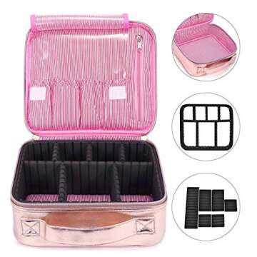 NiceEbag Travel Makeup Bag Cosmetic Bag for Women Girls Professional Train Case Leather Cosmetic Storage Organizer with Removable Dividers for Cosmetics Make Up Tools,Large & Cute & DIY,Rose Gold