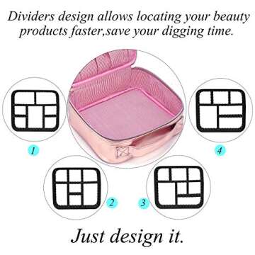 NiceEbag Travel Makeup Bag Cosmetic Bag for Women Girls Professional Train Case Leather Cosmetic Storage Organizer with Removable Dividers for Cosmetics Make Up Tools,Large & Cute & DIY,Rose Gold