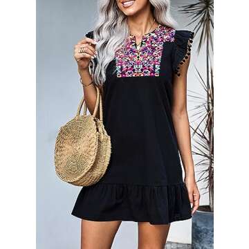 KIRUNDO Women's 2025 Summer Mini Dress Casual V Neck Floral Embroidered Ruffle Sleeveless Shift Flow...