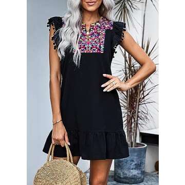 KIRUNDO Women's 2025 Summer Mini Dress Casual V Neck Floral Embroidered Ruffle Sleeveless Shift Flowy Boho Dress (B-Black, Small)