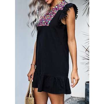 KIRUNDO Women's 2025 Summer Mini Dress Casual V Neck Floral Embroidered Ruffle Sleeveless Shift Flowy Boho Dress (B-Black, Small)