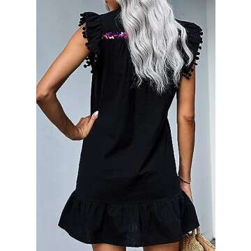 KIRUNDO Women's 2025 Summer Mini Dress Casual V Neck Floral Embroidered Ruffle Sleeveless Shift Flowy Boho Dress (B-Black, Small)