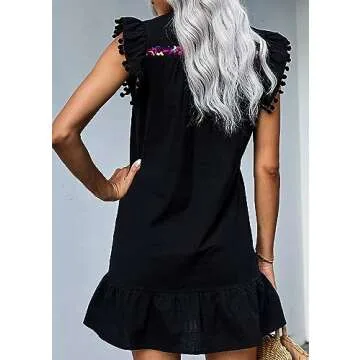KIRUNDO Women's 2025 Summer Mini Dress Casual V Neck Floral Embroidered Ruffle Sleeveless Shift Flowy Boho Dress (B-Black, Small)