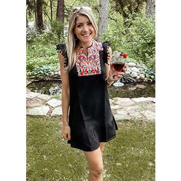 KIRUNDO Women's 2025 Summer Mini Dress Casual V Neck Floral Embroidered Ruffle Sleeveless Shift Flowy Boho Dress (B-Black, Small)