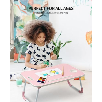 Pink Foldable Laptop Table with Cup Holder Tablet Slot