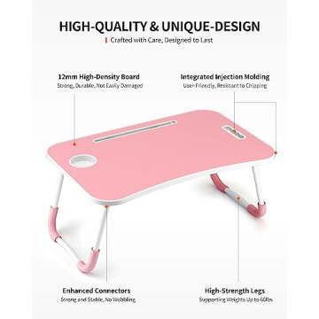 Pink Foldable Laptop Table with Cup Holder Tablet Slot