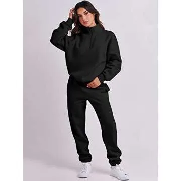 Prinbara Women 2 Piece Outfits Sweat Set 2024 Winter Oversized Sweatshirts Jogger Sweatpants Lounge Sets Fall Tracksuit Black Large