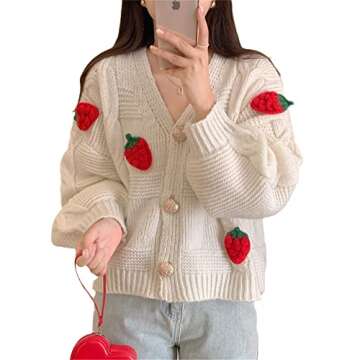 Womens Kawaii Strawberry Knit Cropped Sweater Cute Cardigan Aesthetic for Teen Girls Floral Y2k Kore...