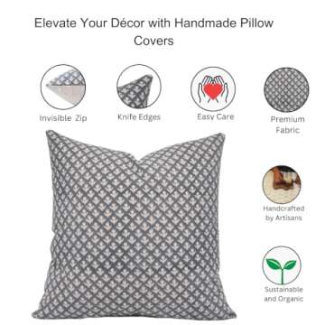 Fabritual Handloom Block Print Thick Cotton 18X18 Inch Throw Pillow Case Cushion Cover for Sofa, Couch and Bed, Fall Decoration, Farmhouse, Outdoor, Living Room, Boho Home Décor, Haryali, Blue