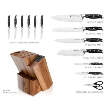 BRODARK Kitchen Knife Set with Block, Full Tang 15 Pcs Professional Chef Knife Set with Built-in Sharpener, Food Grade German Stainless Steel Knife Block Set, Steel-king Series