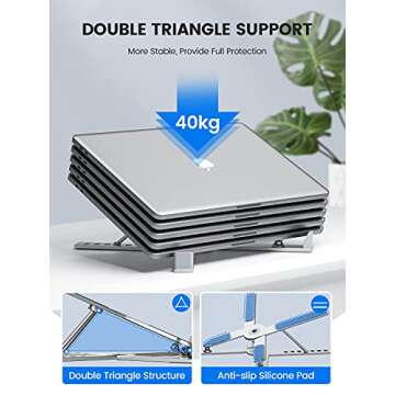 TRUDIN Portable Laptop Stand for Desk Adjustable Height Foldable Sturdy Aluminum Laptop Holder Riser Computer Stand, Compatible with 11 to 17 Inches Laptops for Home Office,Silver