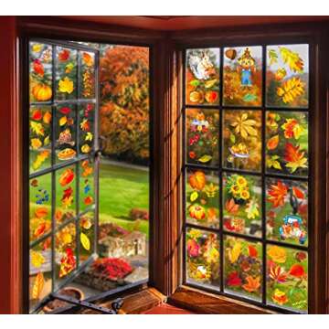 350PCS Fall Decor Thanksgiving Window Clings - Fall Decorations for Home Autumn Leaves Turkey Decals Party Supplies