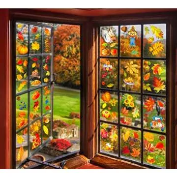 350PCS Fall Decor Thanksgiving Window Clings - Fall Decorations for Home Autumn Leaves Turkey Decals Party Supplies