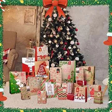 25 Pack Christmas Kraft Gift Bags with 48 Gift Tags and Ropes