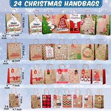 25 Pack Christmas Kraft Gift Bags 4 Assorted Sizes Funny Holiday Christmas Paper Goody Favor Bags Bulk Set for Wrapping Treat Box and Party Present with 48 Xmas Tags, 6 XL, 6 Large, 6 Medium, 7 Small