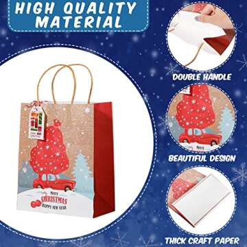 25 Pack Christmas Kraft Gift Bags 4 Assorted Sizes Funny Holiday Christmas Paper Goody Favor Bags Bulk Set for Wrapping Treat Box and Party Present with 48 Xmas Tags, 6 XL, 6 Large, 6 Medium, 7 Small