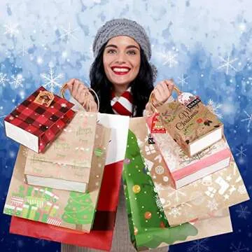 25 Pack Christmas Kraft Gift Bags with Gift Tags and Ropes