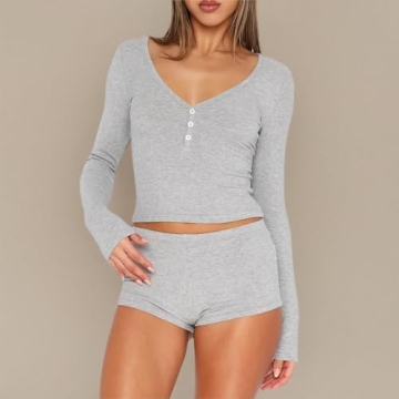 Stylish RUEWEY Women’s Ribbed Knit Pajama Set