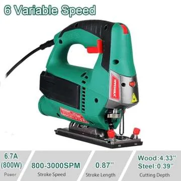 HYCHIKA Jig saw, 6.7A Jig Saw 800-3000SPM with 6 Variable Speeds, 4 Orbital Sets, Bevel Angle 45°, 6PCS Blades, Pure Copper Motor, Laser Guide, Wood Metal Plastic Cutting