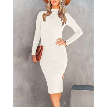 ANRABESS Women Long Sleeve Turtleneck Slim Fit Ribbed Knit Slit Cocktail Party Sweater Midi Dress 2024 Trendy Fall Outfits White Large