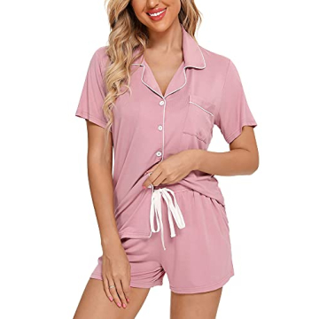 Anjue Pajamas for Women Short Sleeve Button Down Loungewear Soft Jersey Knit Sleepwear Set(A-Dusty R...