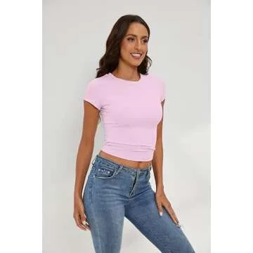 KAMISSY Women’s Workout Round Neck Crop Tee Shirt Casual Cap Sleeve Slim Fit Athletic Running Solid Basic Cropped T-Shirt Top Pink L