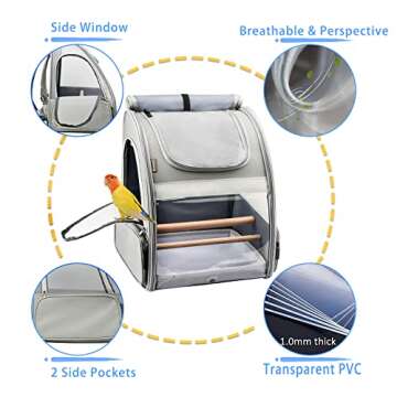 Texsens Bird Carrier Backpack - Pet Travel Cage with Upgraded Tray and Standing Perches, Breathable & Portable, for Small Birds, Green Cheek, Cockatiel, Parrot (Grey)